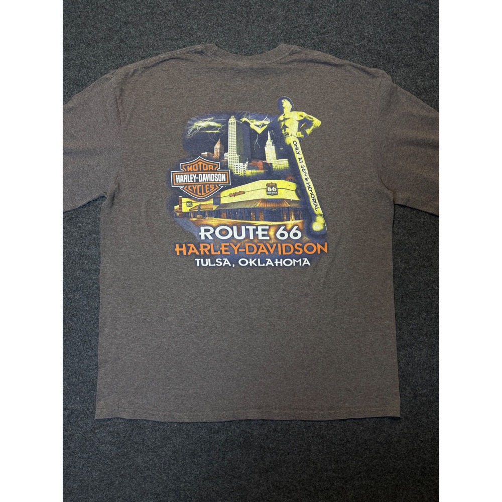 Harley Davidson Long Sleeve T-Shirt Mens XL Brown Classic Ride Route 66 Tulsa